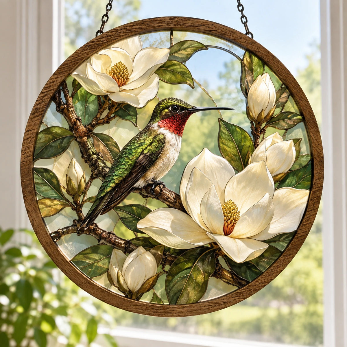 Ruby-throated Hummingbird Magnolia Branch Wood & Acrylic Suncatcher with printed dimensional artwork