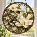 Ruby-throated Hummingbird Magnolia Branch Wood & Acrylic Suncatcher with printed dimensional artwork