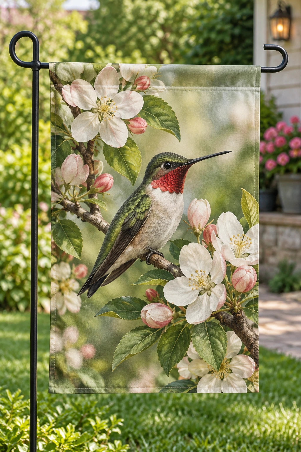 Ruby-throated Hummingbird Orchard Blossom Garden Flag with printed dimensional artwork