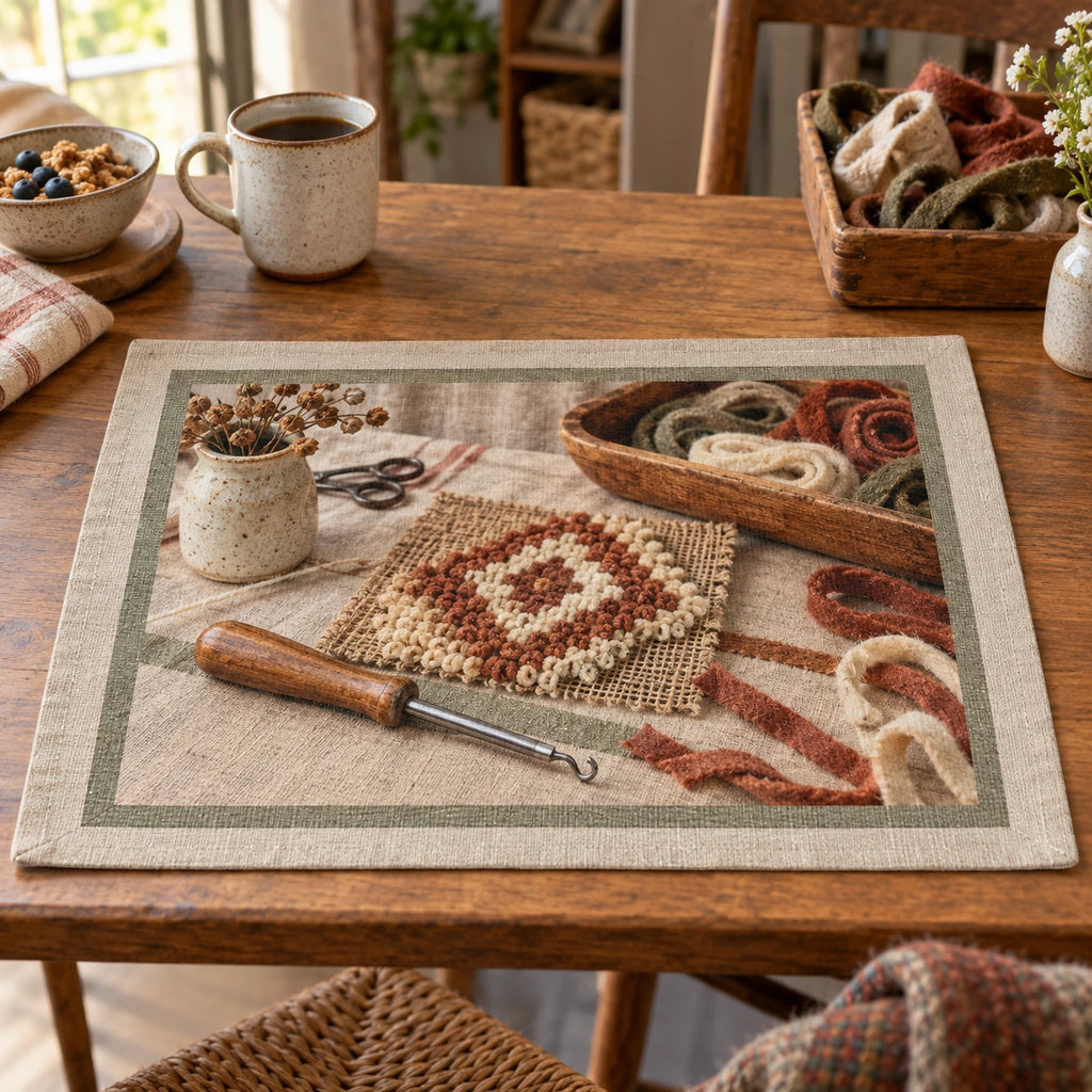 Rug Hooking Wool Studio Placemat with original printed optical 3D artwork