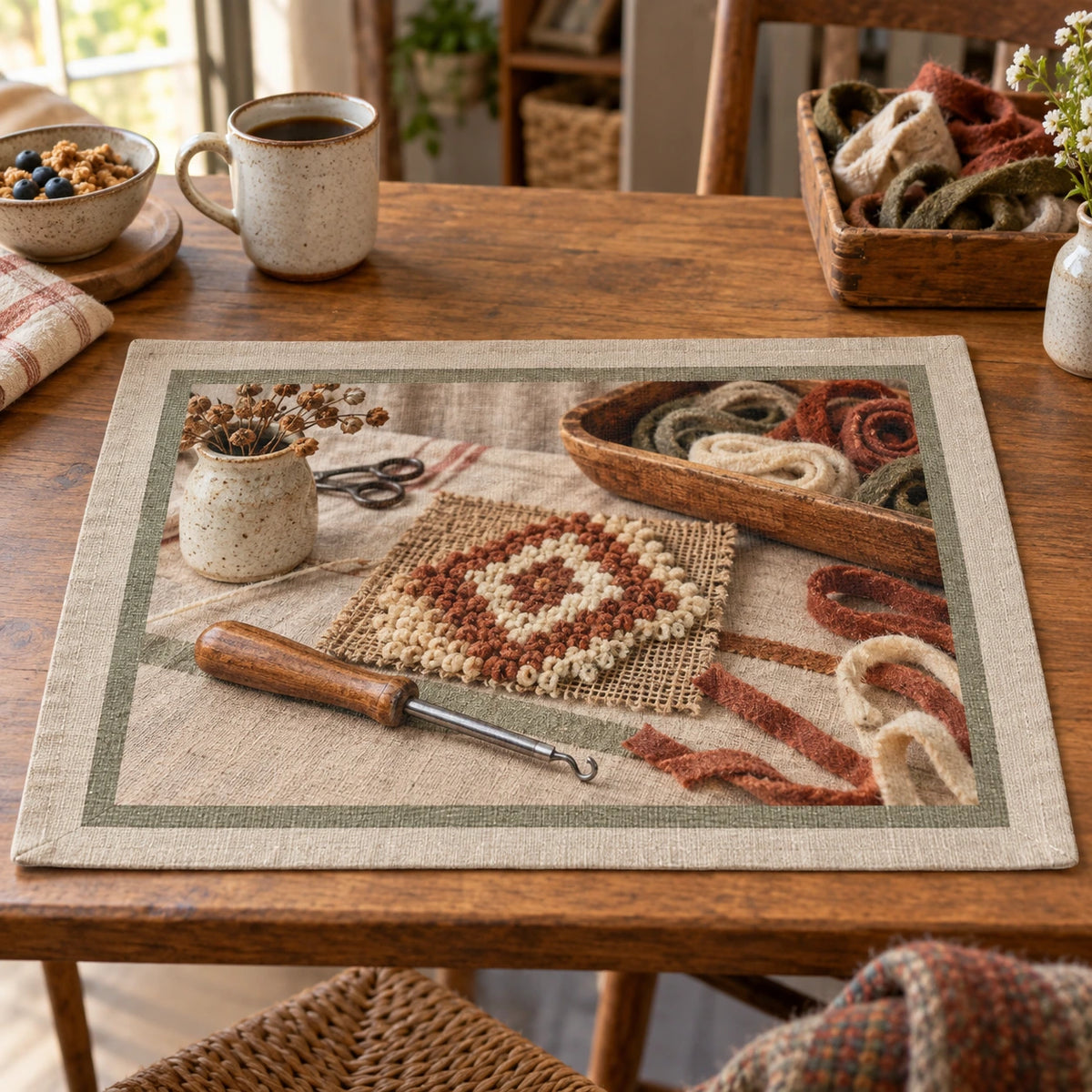 Rug Hooking Wool Studio Placemat with original printed optical 3D artwork