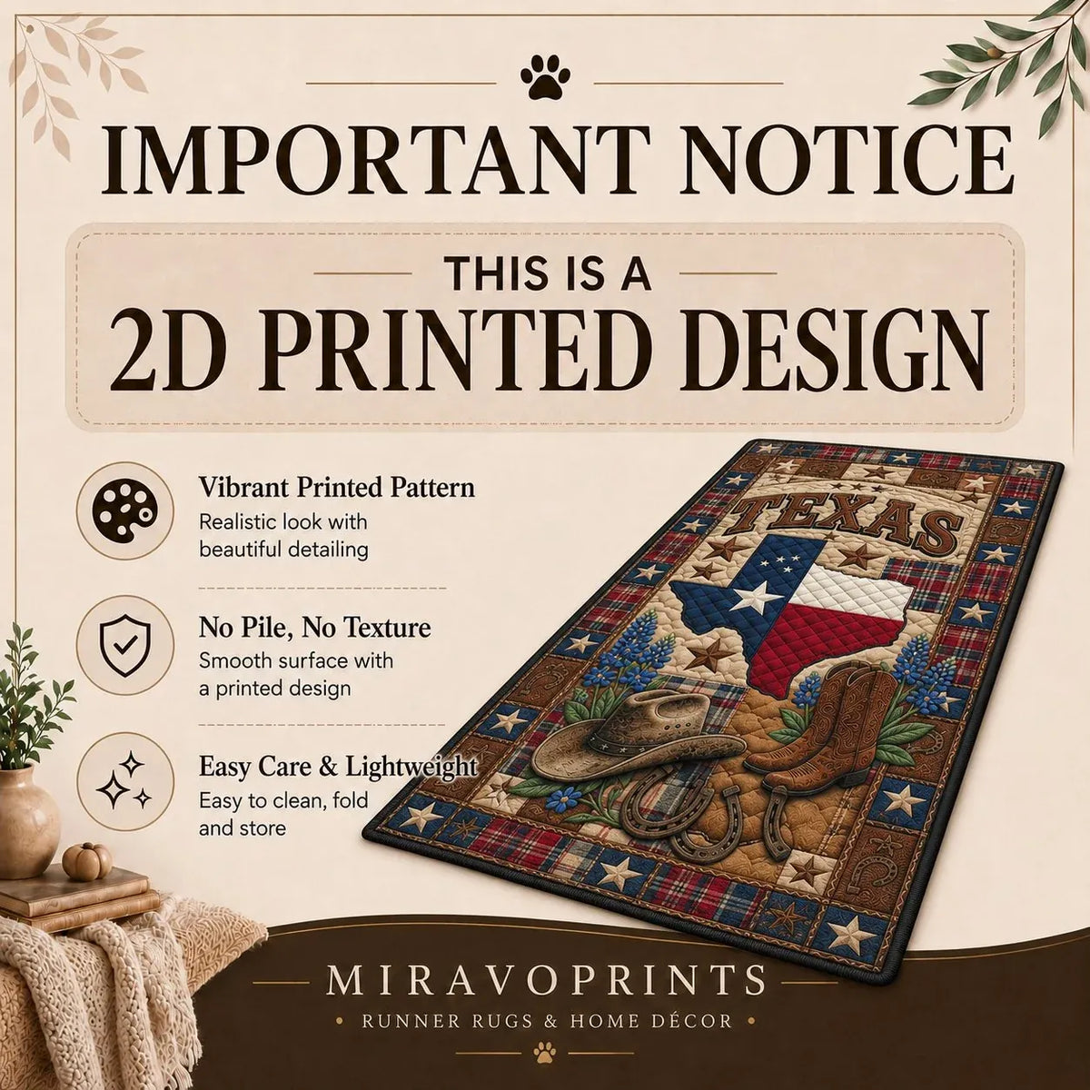 MiravoPrints runner rug product information, reference card 1; example artwork may differ