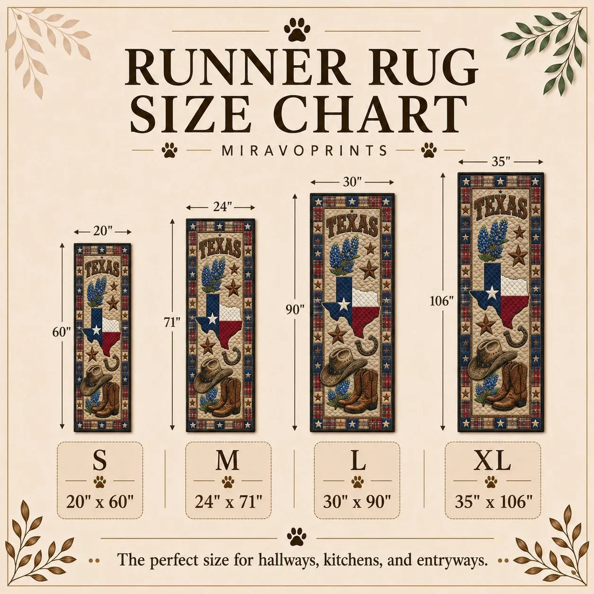 MiravoPrints runner rug product information, reference card 3; example artwork may differ