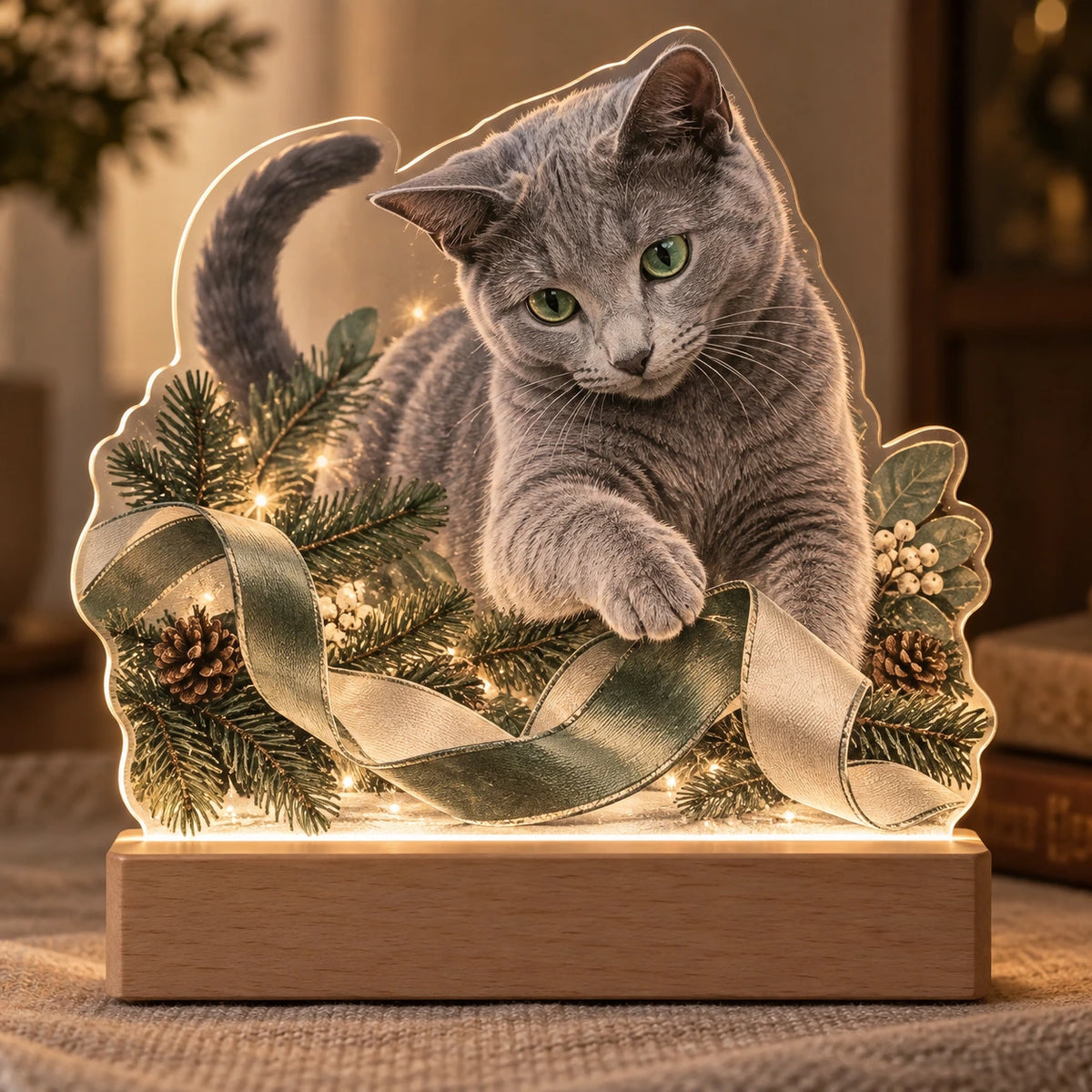 Russian Blue Christmas Ribbon Acrylic Night Light with printed dimensional artwork