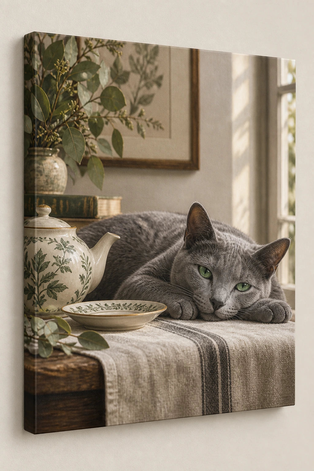 Russian Blue Teacup Afternoon Canvas Wall Art with printed dimensional artwork