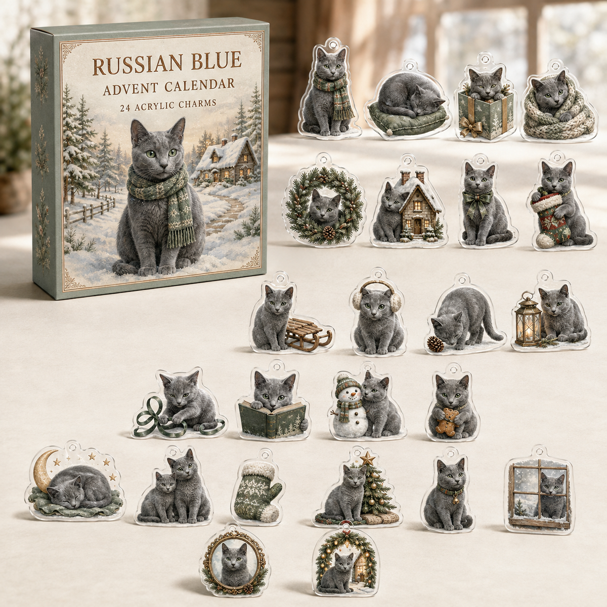 Russian Blue advent calendar box and full set of 24 illustrated acrylic charms on a light tabletop