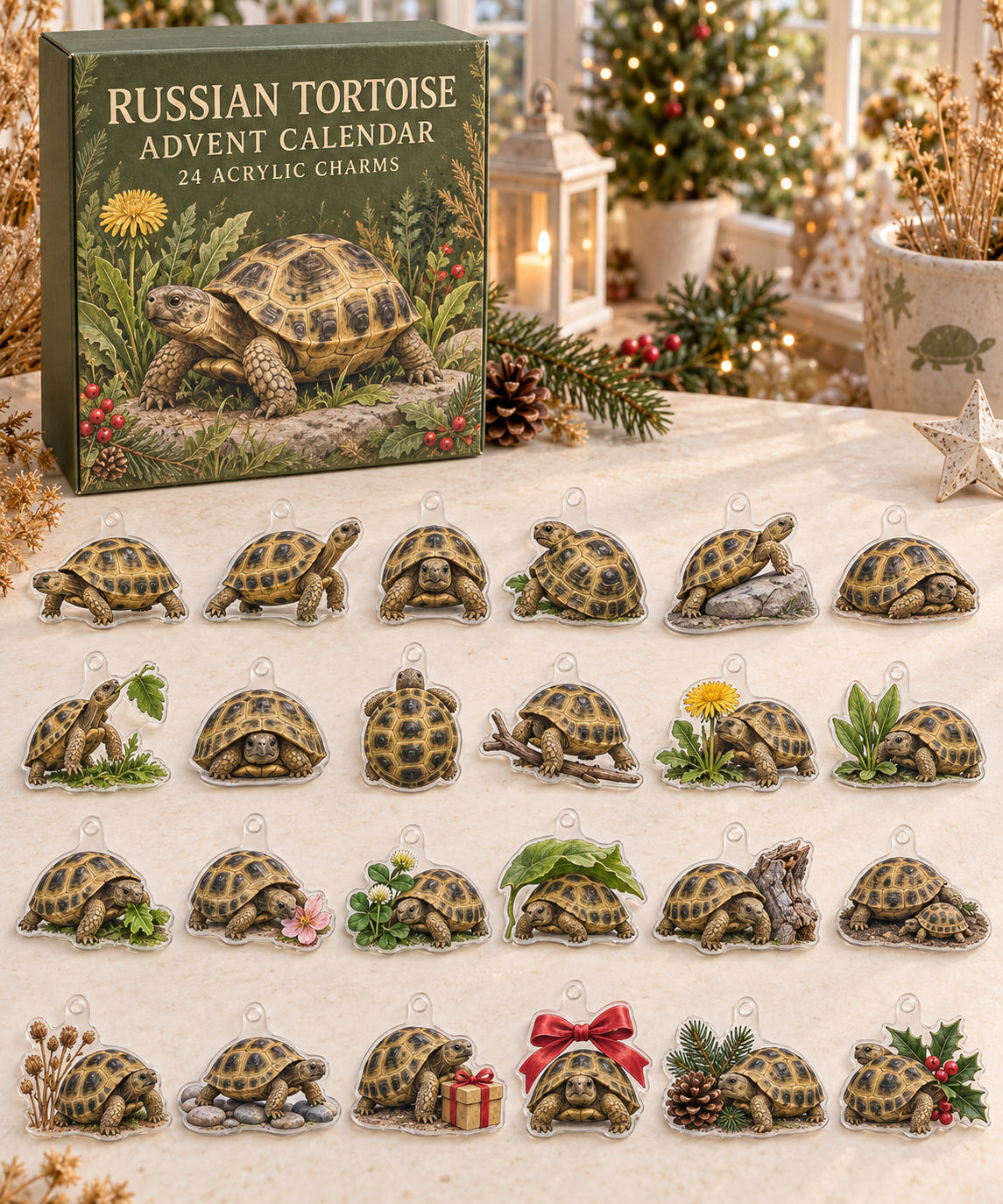 Russian Tortoise advent calendar with 24 custom-shaped flat acrylic charms and printed dimensional artwork