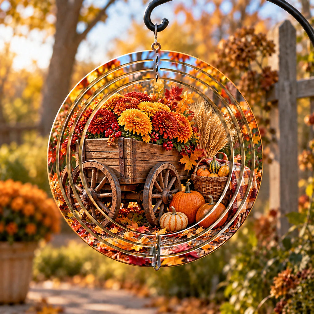 Rustic Wagon Harvest Gathering Wind Spinner with printed dimensional autumn artwork