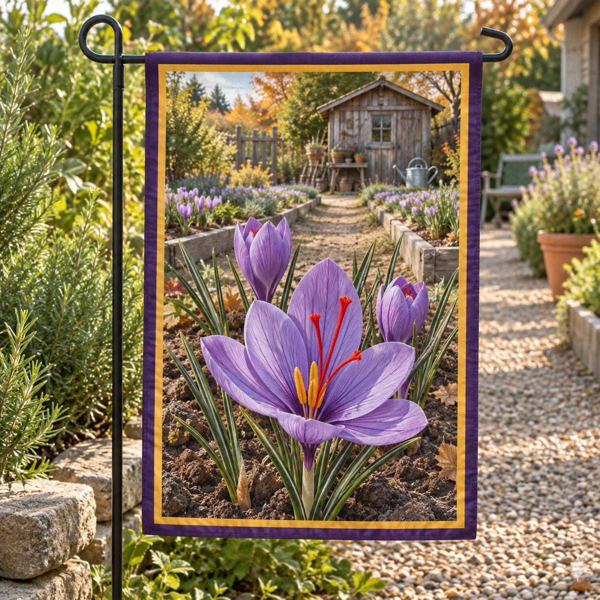 Saffron Crocus Garden Path Garden Flag with original printed optical 3D artwork
