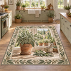 Sage herb area rug with gray-green leaves, terracotta pot, cut sprigs and mortar in a farmhouse kitchen.