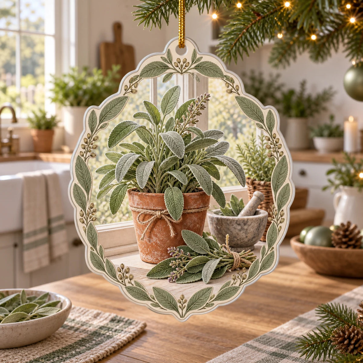 Sage herb christmas ornament with gray-green leaves, terracotta pot, cut sprigs and mortar in a farmhouse kitchen.