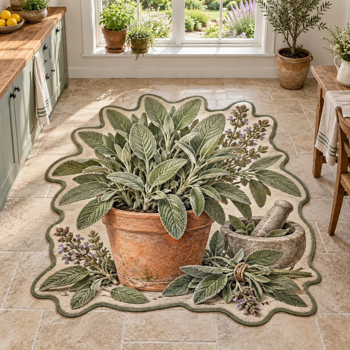 Sage herb custom shape area rug with gray-green leaves, terracotta pot, cut sprigs and mortar in a farmhouse kitchen.