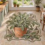 Sage herb custom shape area rug with gray-green leaves, terracotta pot, cut sprigs and mortar in a farmhouse kitchen.