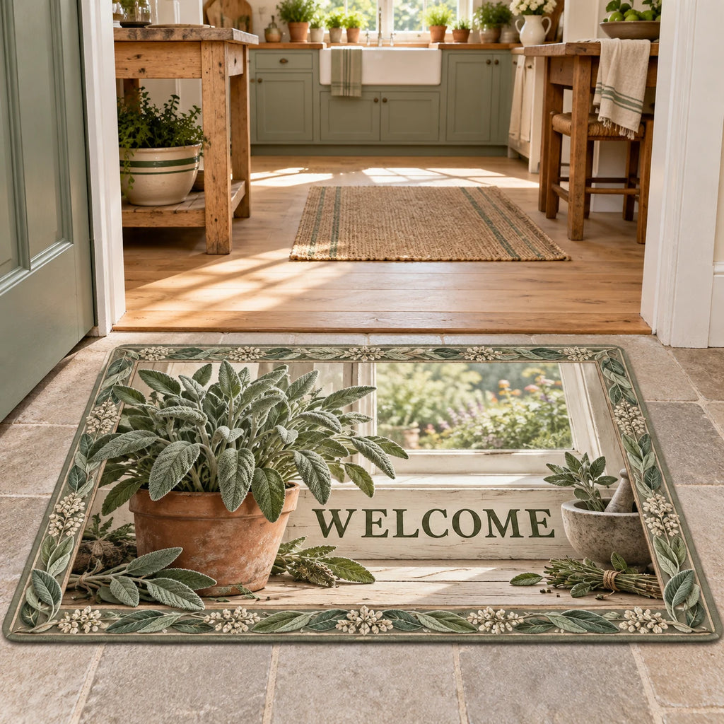 Sage herb doormat with gray-green leaves, terracotta pot, cut sprigs and mortar in a farmhouse kitchen.