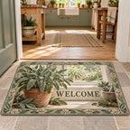 Sage herb doormat with gray-green leaves, terracotta pot, cut sprigs and mortar in a farmhouse kitchen.
