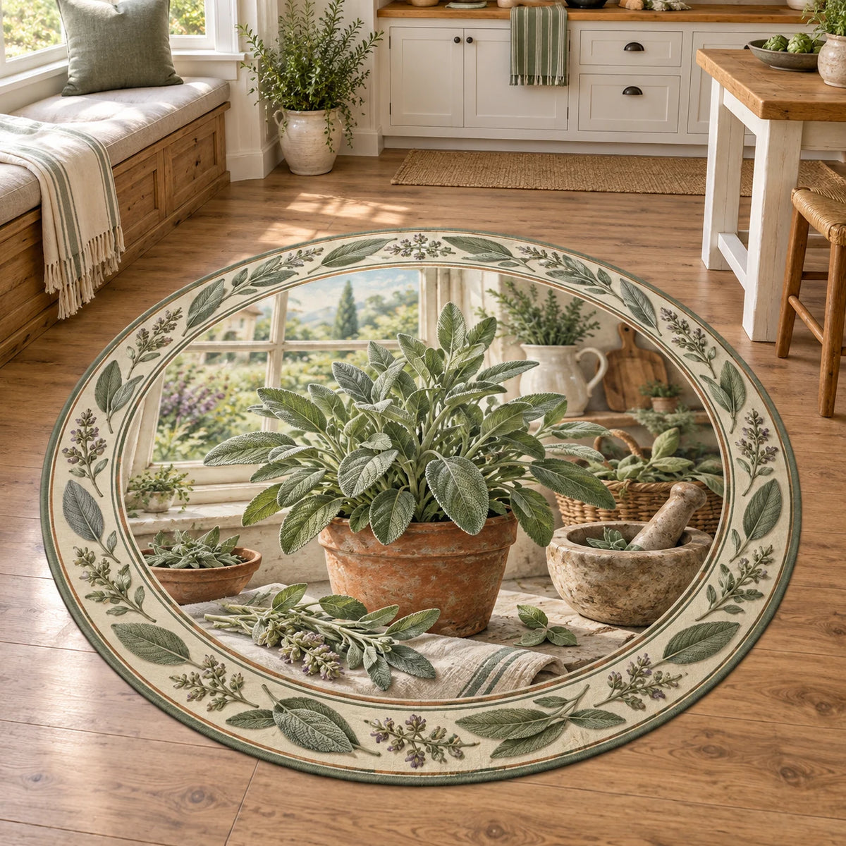 Sage herb round mat rug with gray-green leaves, terracotta pot, cut sprigs and mortar in a farmhouse kitchen.