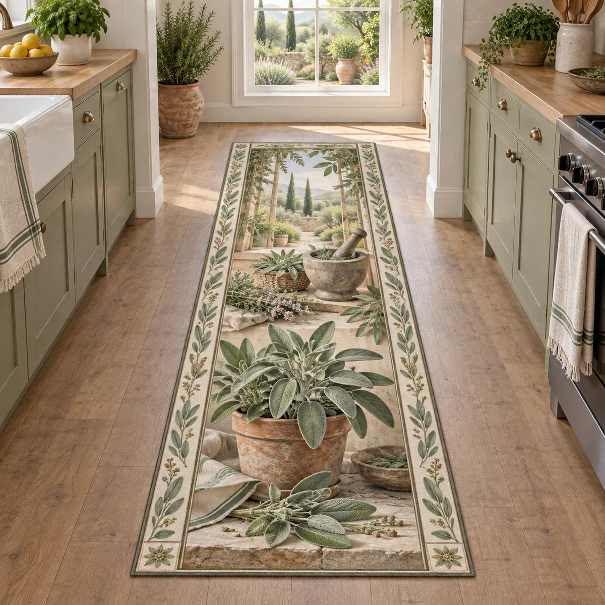 Sage herb runner rug with gray-green leaves, terracotta pot, cut sprigs and mortar in a farmhouse kitchen.