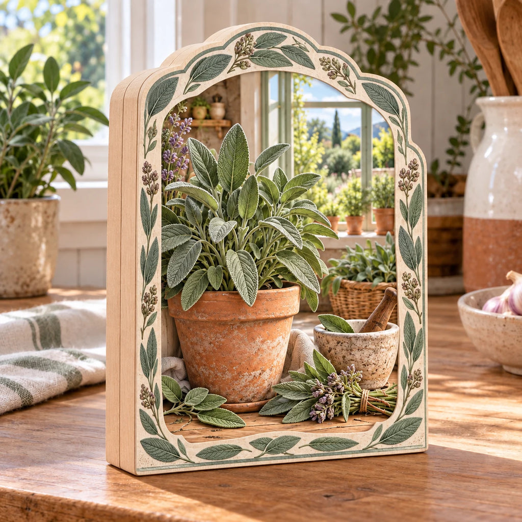 Sage herb wooden block 3 layer with gray-green leaves, terracotta pot, cut sprigs and mortar in a farmhouse kitchen.