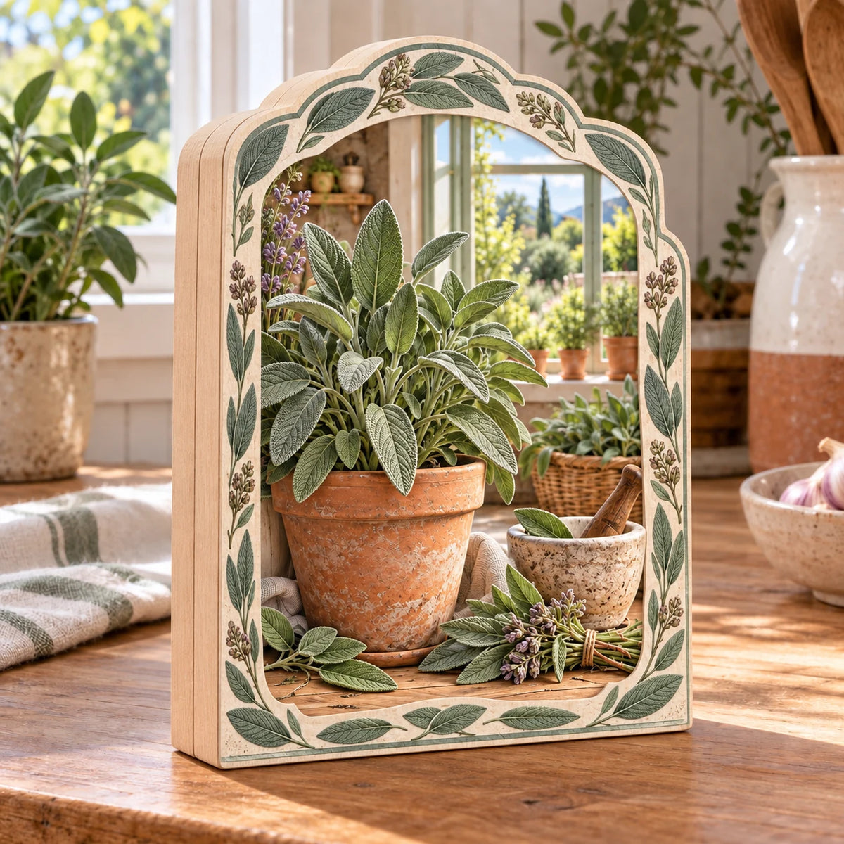 Sage herb wooden block 3 layer with gray-green leaves, terracotta pot, cut sprigs and mortar in a farmhouse kitchen.