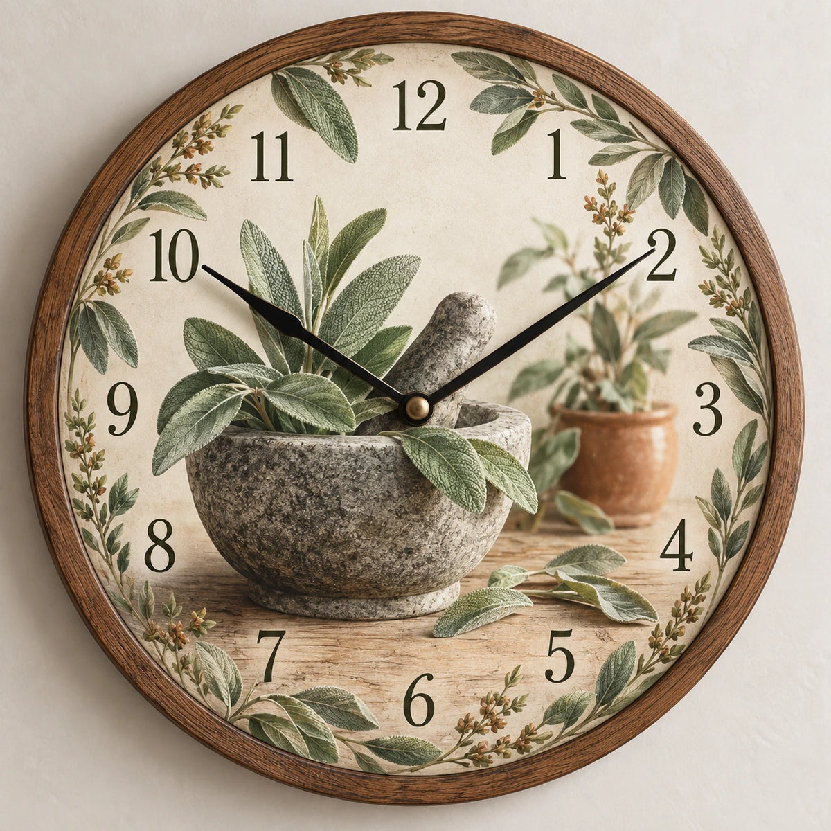 Sage Mortar and Pestle Wooden Wall Clock with printed dimensional artwork