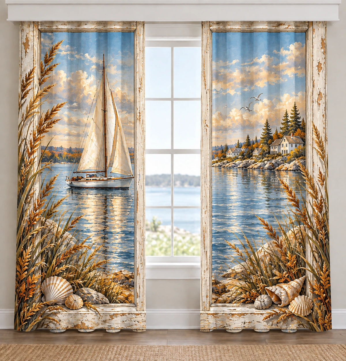 Sailboat Autumn Harbor Window Curtain Pair with flat printed sailboat and autumn harbor depth