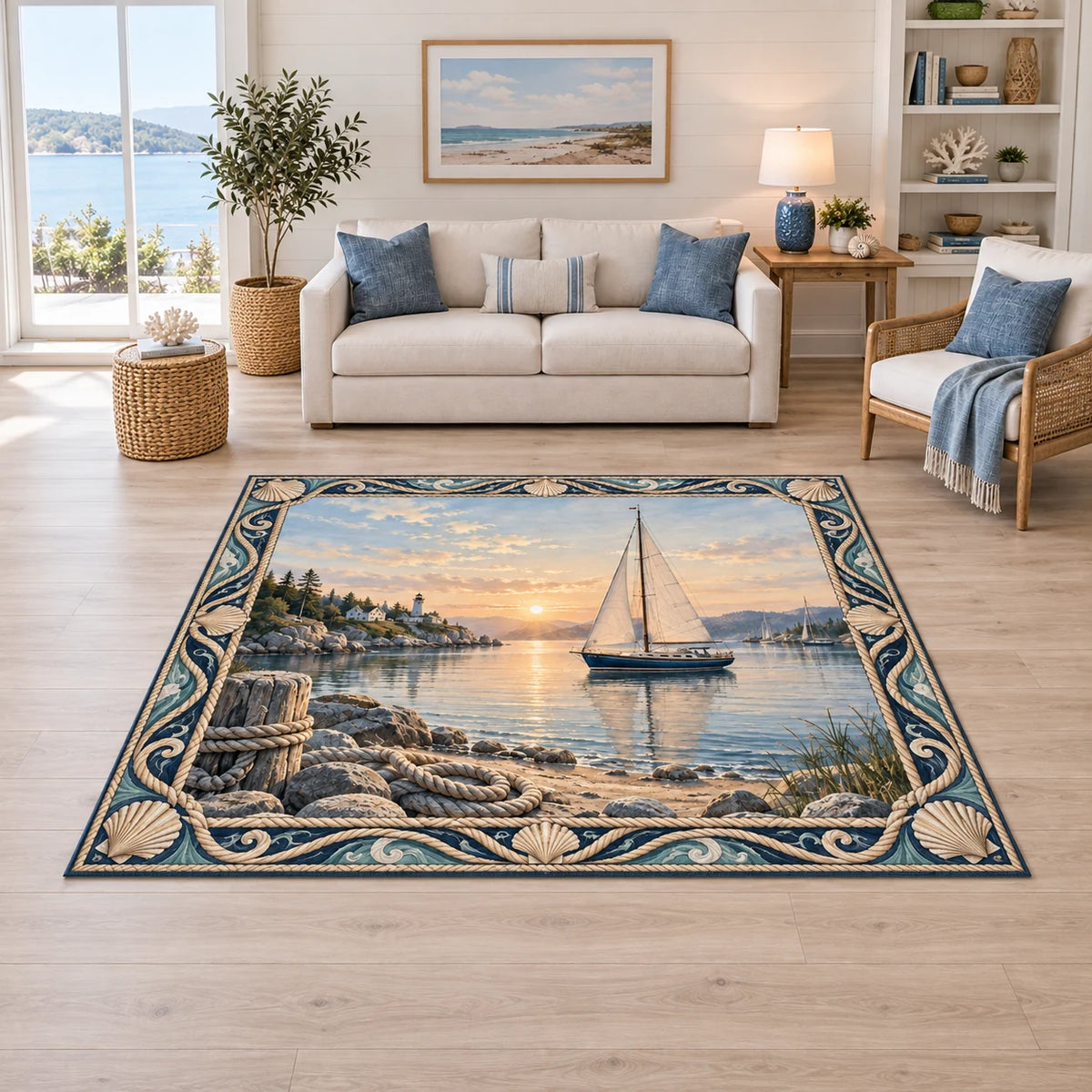 Sailboat harbor area rug with cream sails, sunrise reflections, shoreline rocks, rope and blue cream nautical border.