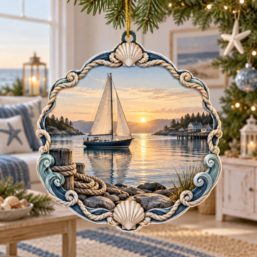 Sailboat harbor christmas ornament with cream sails, sunrise reflections, shoreline rocks, rope and blue cream nautical border.