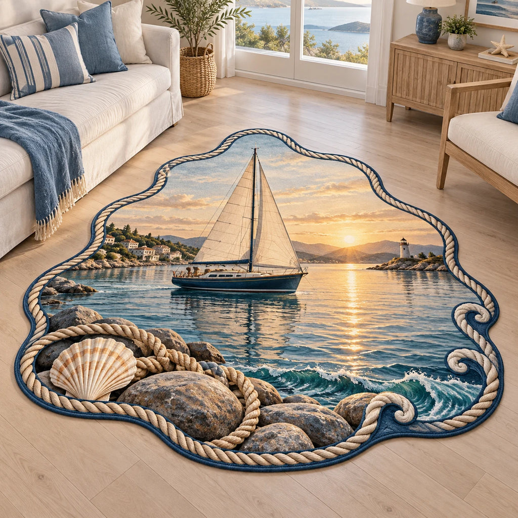 Sailboat harbor custom shape area rug with cream sails, sunrise reflections, shoreline rocks, rope and blue cream nautical border.