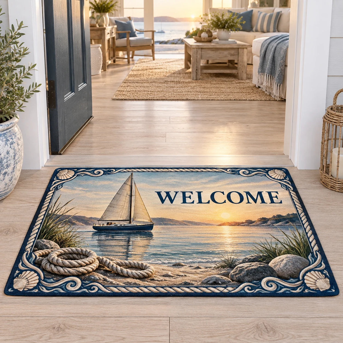 Sailboat harbor doormat with cream sails, sunrise reflections, shoreline rocks, rope and blue cream nautical border.