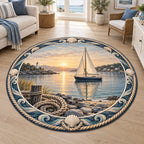Sailboat harbor round mat rug with cream sails, sunrise reflections, shoreline rocks, rope and blue cream nautical border.