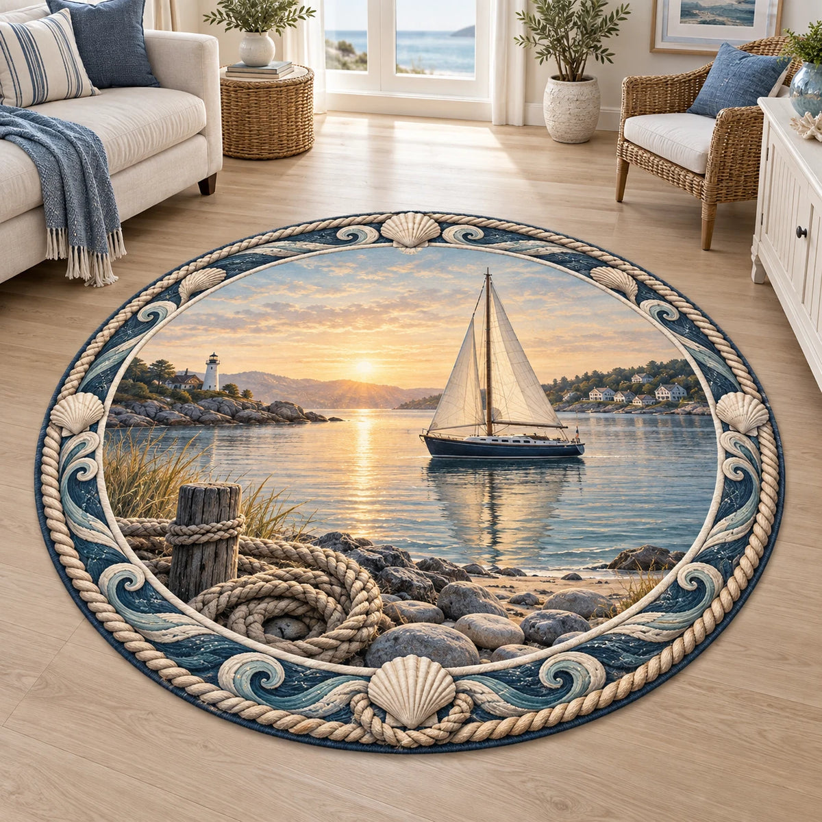 Sailboat harbor round mat rug with cream sails, sunrise reflections, shoreline rocks, rope and blue cream nautical border.