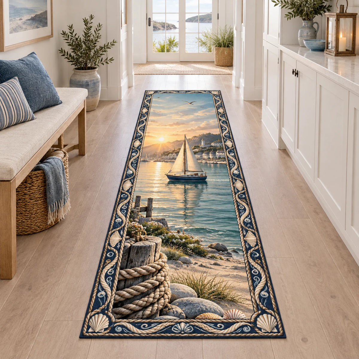 Sailboat harbor runner rug with cream sails, sunrise reflections, shoreline rocks, rope and blue cream nautical border.