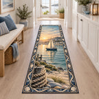 Sailboat harbor runner rug with cream sails, sunrise reflections, shoreline rocks, rope and blue cream nautical border.