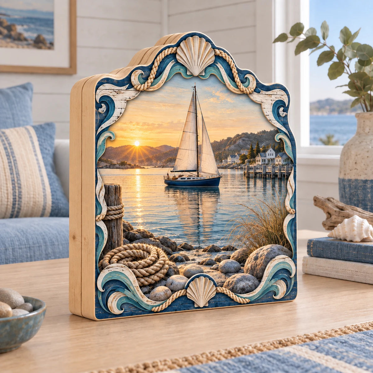 Sailboat harbor wooden block with cream sails, sunrise reflections, shoreline rocks, rope and blue cream nautical border.