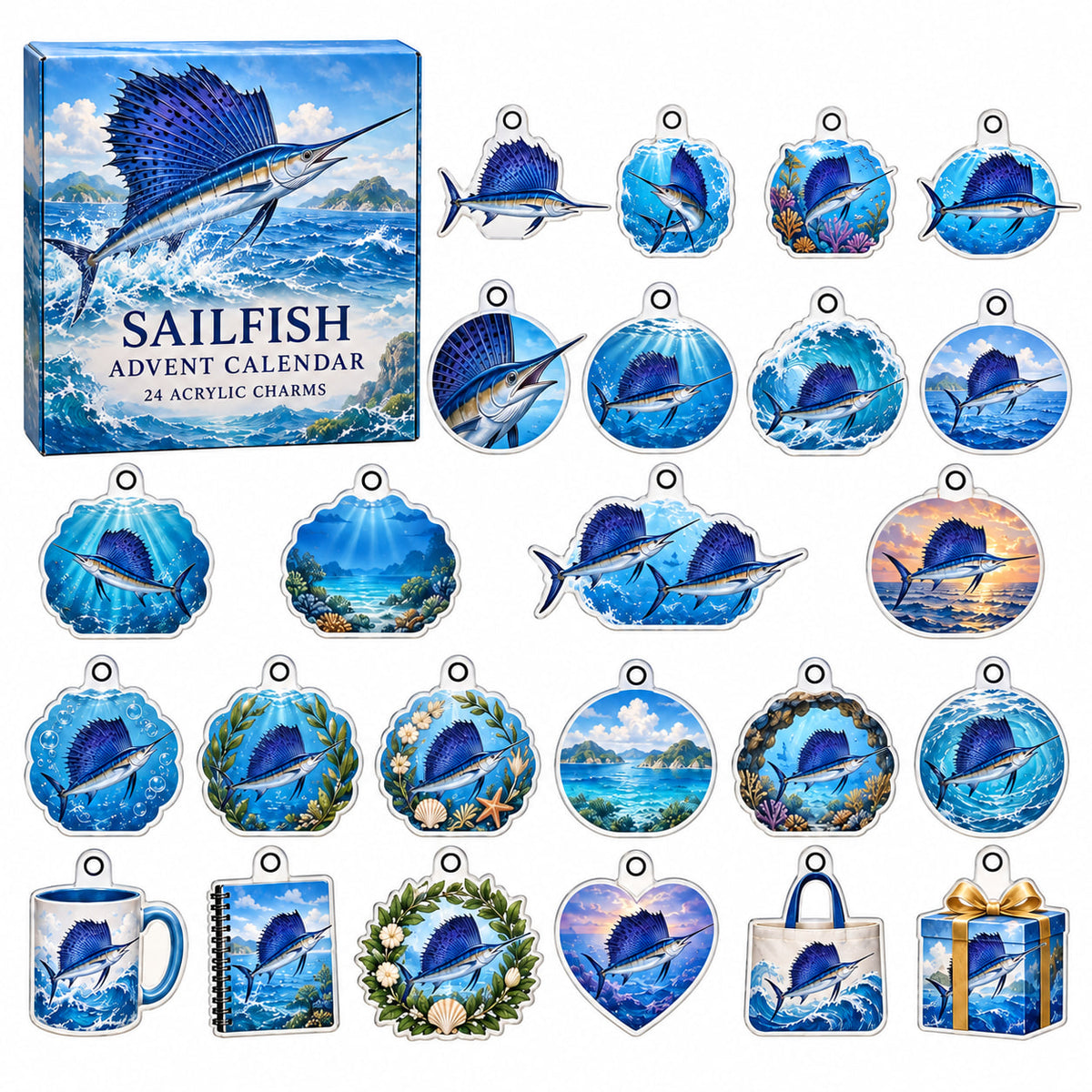 Sailfish advent calendar box with 24 themed flat printed acrylic charms