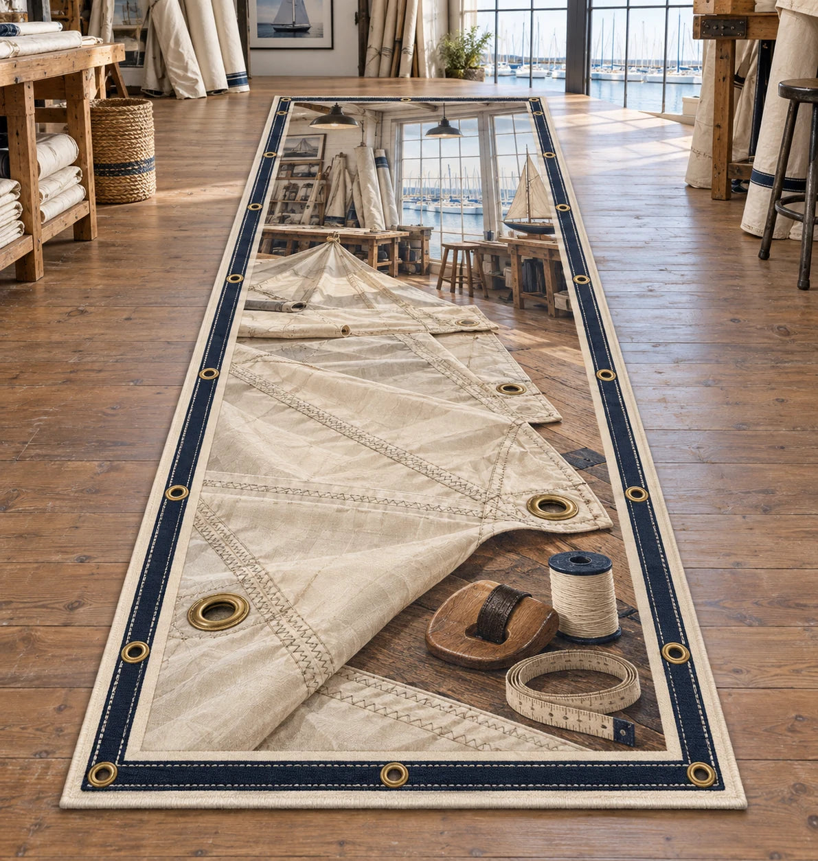 Sailmaking Loft Workshop Runner Rug with printed optical 3D artwork