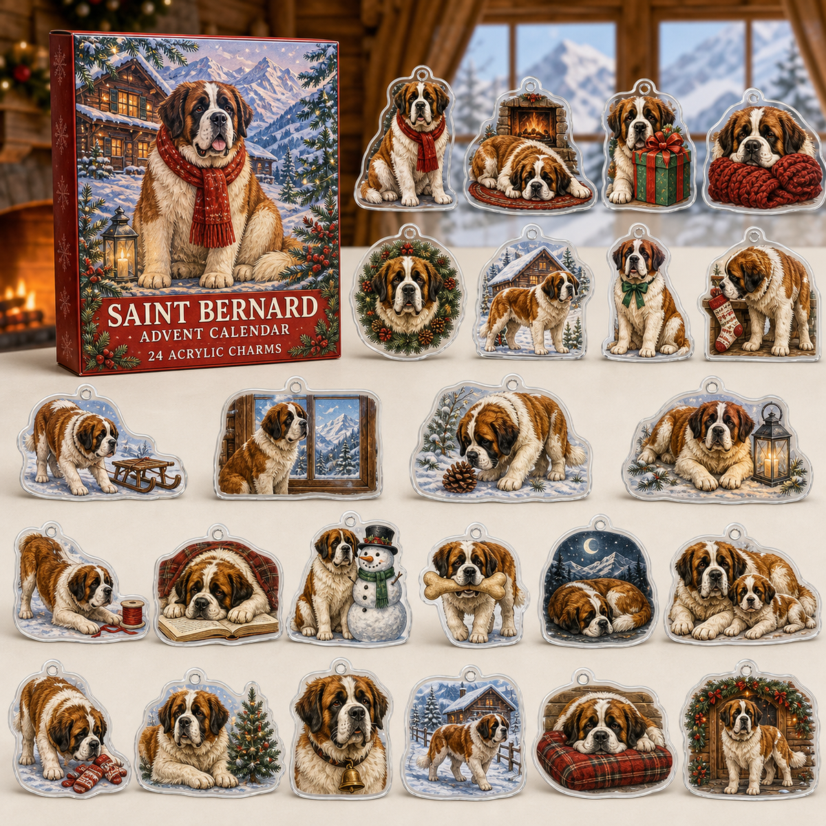 Saint Bernard advent calendar box with 24 illustrated acrylic charms displayed on an ivory tabletop in a winter setting
