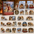 Saint Bernard advent calendar box with 24 illustrated acrylic charms displayed on an ivory tabletop in a winter setting