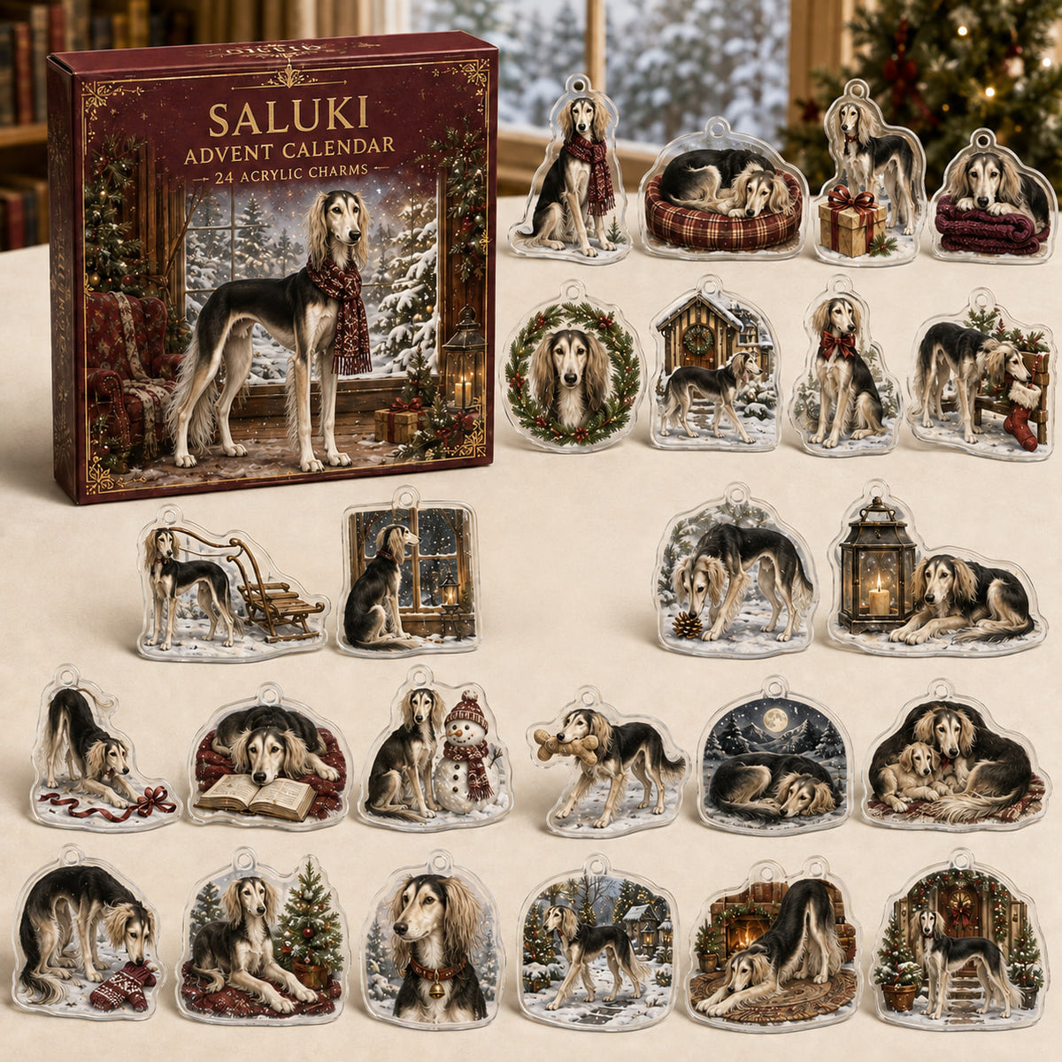 Saluki advent calendar box and 24 illustrated acrylic charms displayed on an ivory tabletop in a winter setting