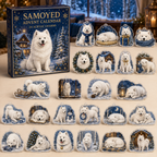 Samoyed advent calendar box and 24 illustrated acrylic charms displayed on an ivory tabletop in a winter setting