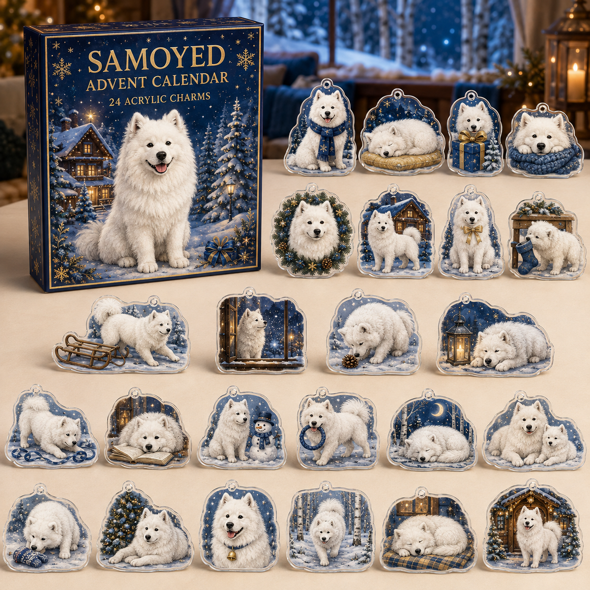 Samoyed advent calendar box and 24 illustrated acrylic charms displayed on an ivory tabletop in a winter setting