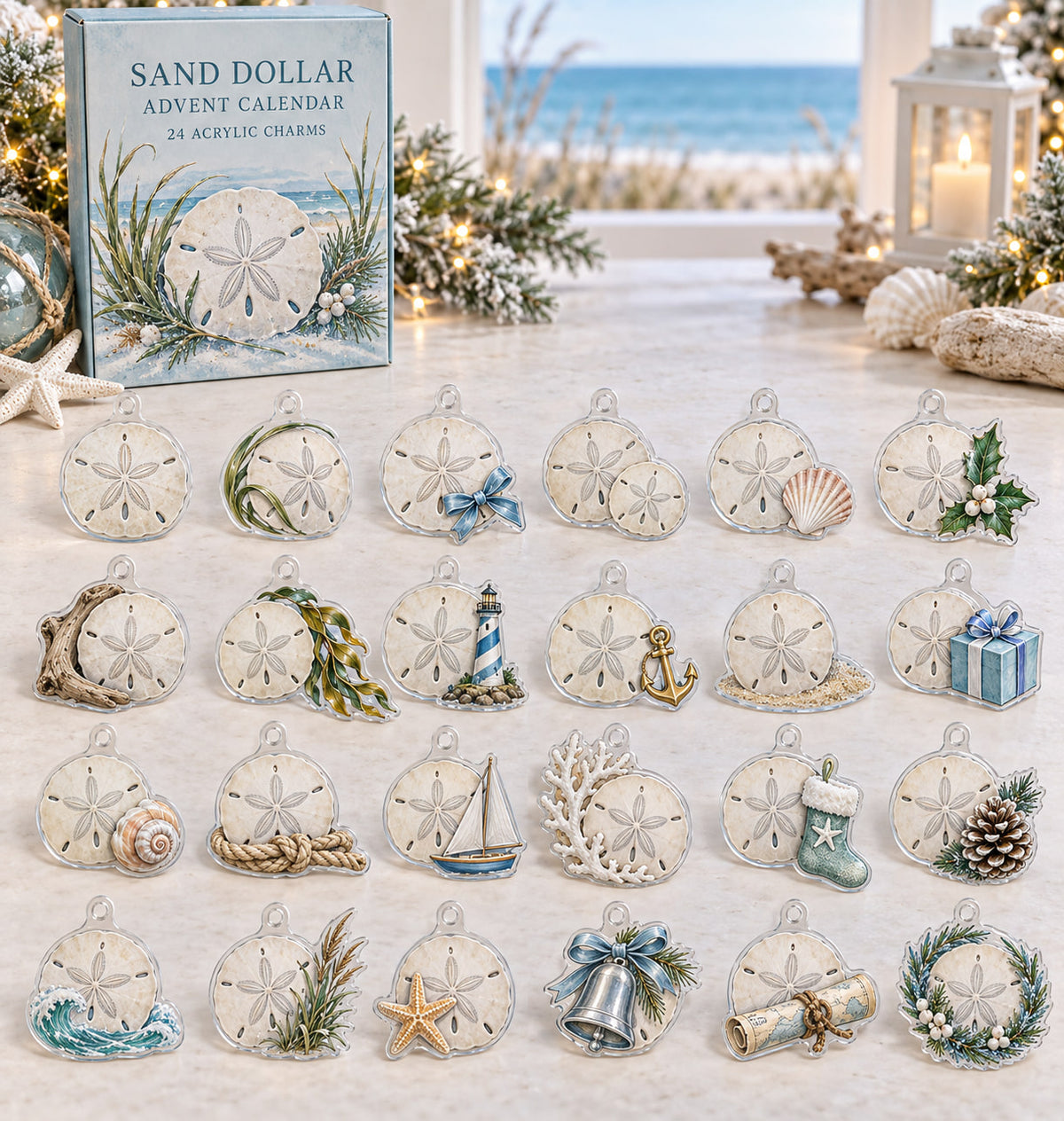 Sand Dollar advent calendar with 24 custom-shaped flat acrylic charms and printed dimensional artwork