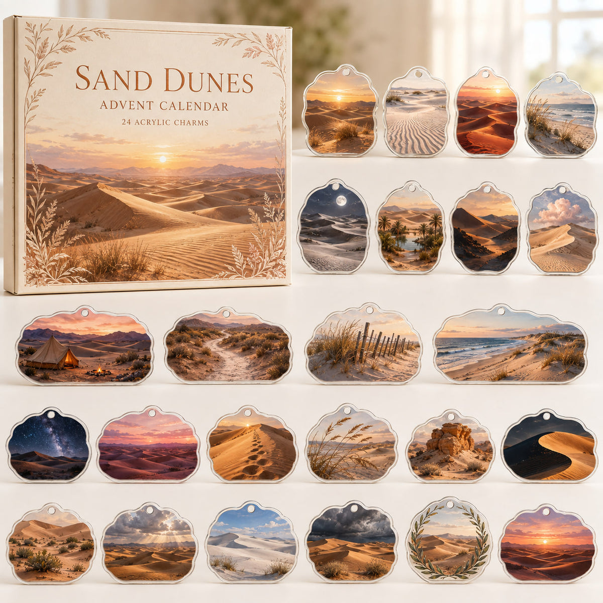 Sand Dunes advent calendar box and 24 printed acrylic landscape charms