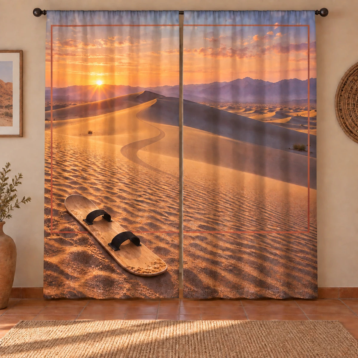 Sandboarding Dune Window Curtain Pair with original printed optical 3D artwork