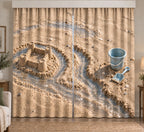 Sandcastle Tide Moat Window Curtain Pair with printed sand towers and shallow water depth