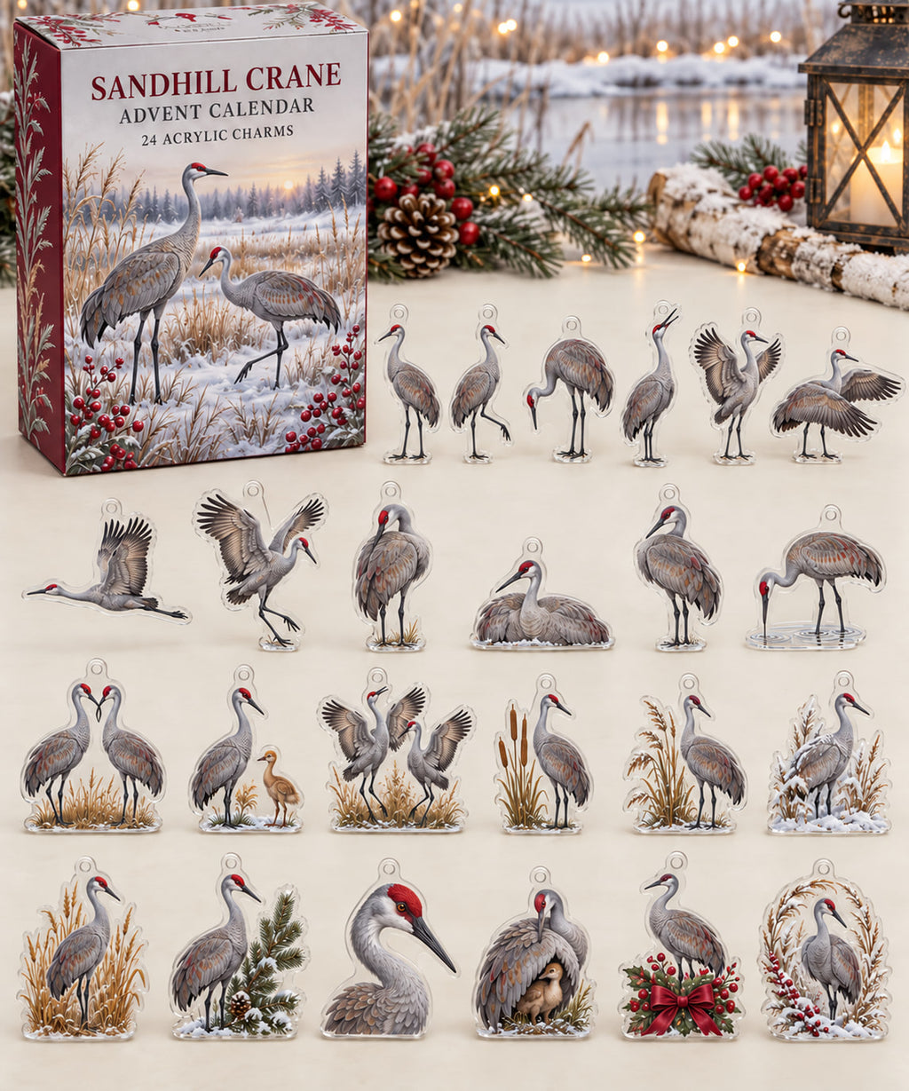 Sandhill Crane advent calendar with 24 custom-shaped flat acrylic charms and printed dimensional artwork