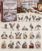Sandhill Crane advent calendar with 24 custom-shaped flat acrylic charms and printed dimensional artwork