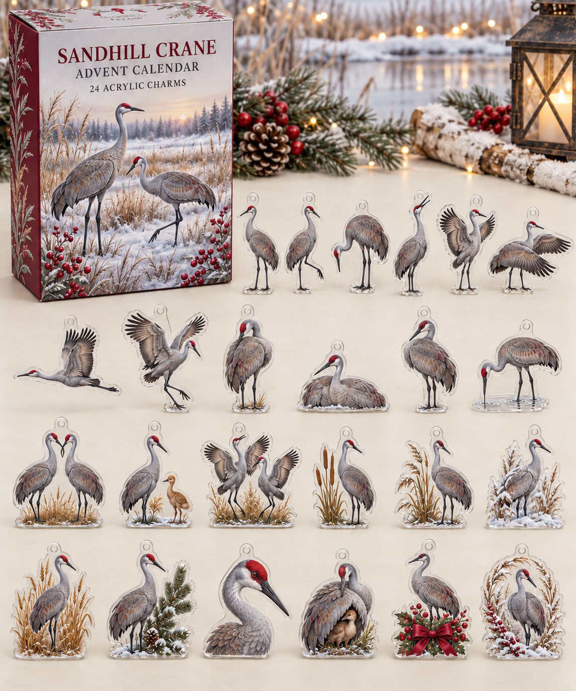 Sandhill Crane advent calendar with 24 custom-shaped flat acrylic charms and printed dimensional artwork