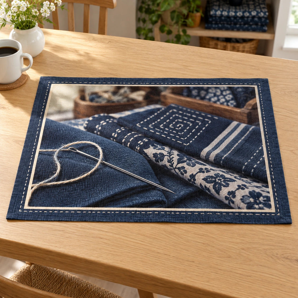 Sashiko Indigo Stitch Studio Placemat with original printed optical 3D artwork