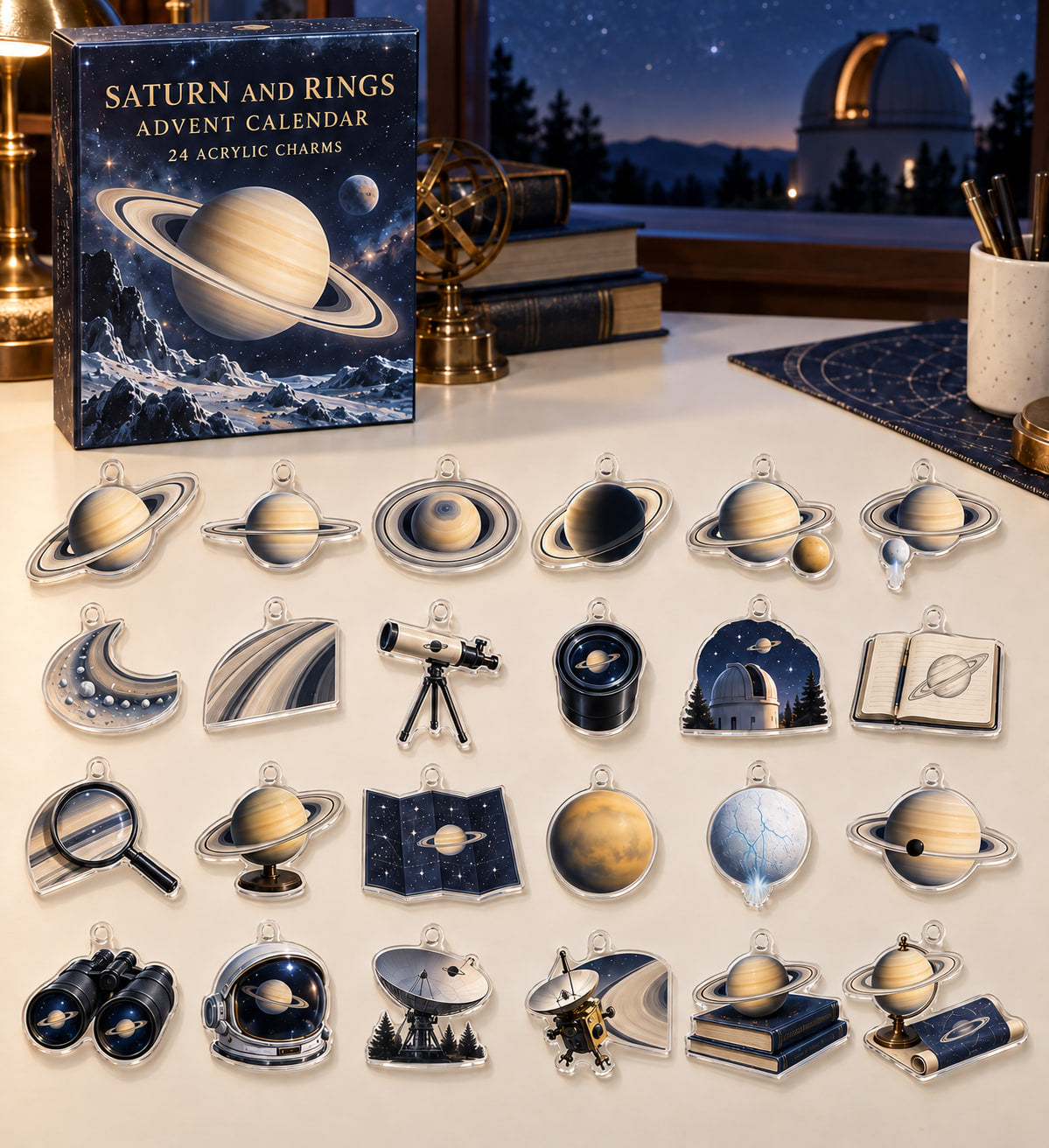 Saturn and Rings advent calendar with 24 custom-shaped flat acrylic charms and printed dimensional artwork